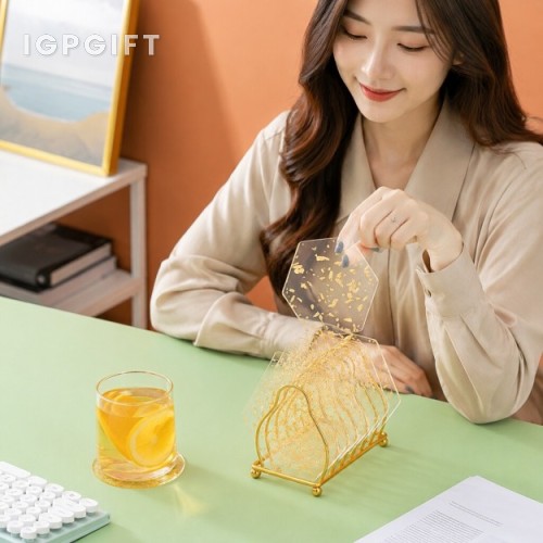 輕奢金箔亞加力圓形杯墊套裝