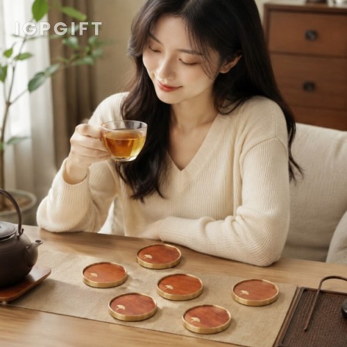 黃銅實木組合圓形杯墊套裝