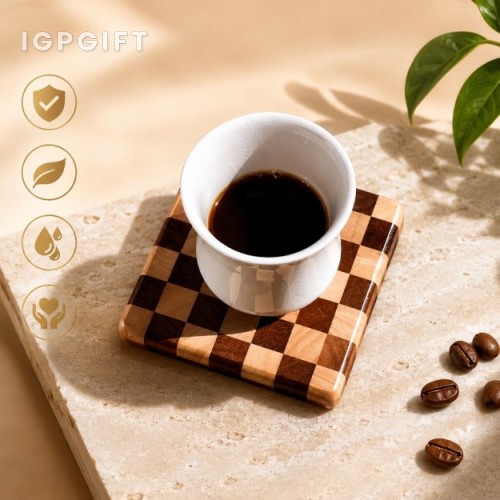 實木棋盤格杯墊