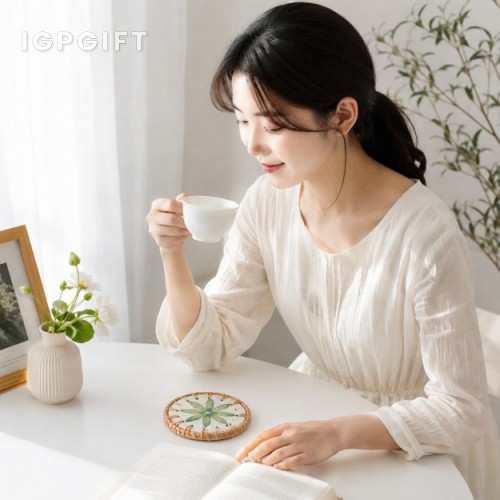 藤編貝殼拼花圓形杯墊