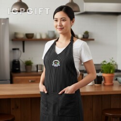 條紋V領圍裙配雙口袋