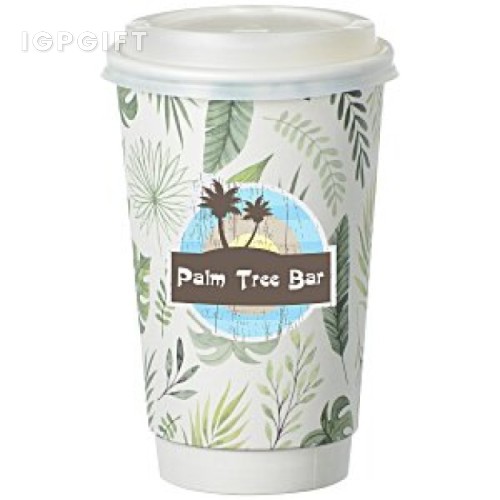 葉子設計全彩保溫紙杯（帶蓋）- 16 盎司