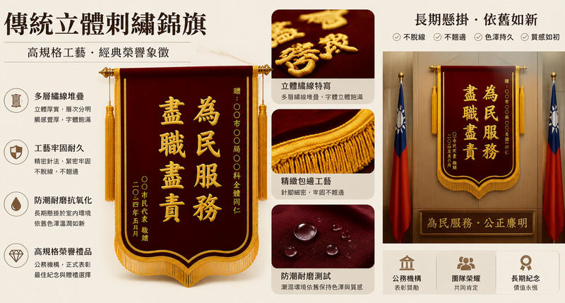 錦旗定製工藝解析,刺繡發泡燙金立體與耐用對比