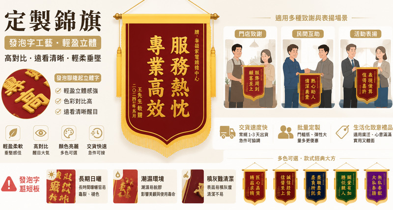 錦旗定製工藝解析,刺繡發泡燙金立體與耐用對比