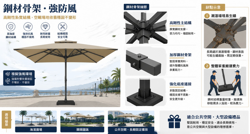 戶外遮陽傘骨架材質解析，鋁合金鋼材玻纖防風比較