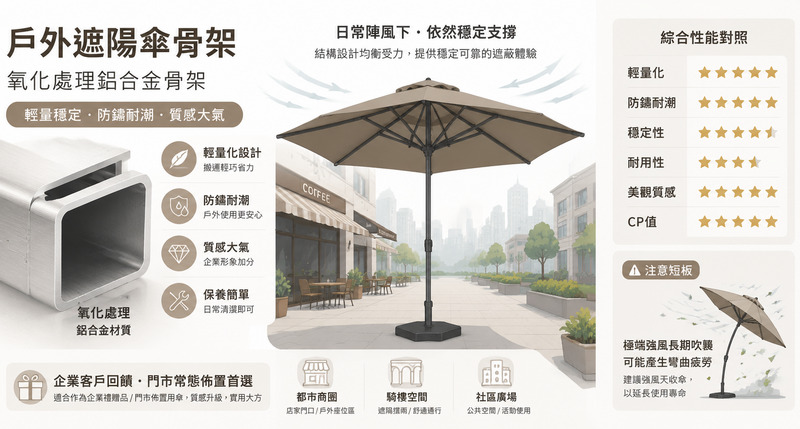 戶外遮陽傘骨架材質解析，鋁合金鋼材玻纖防風比較