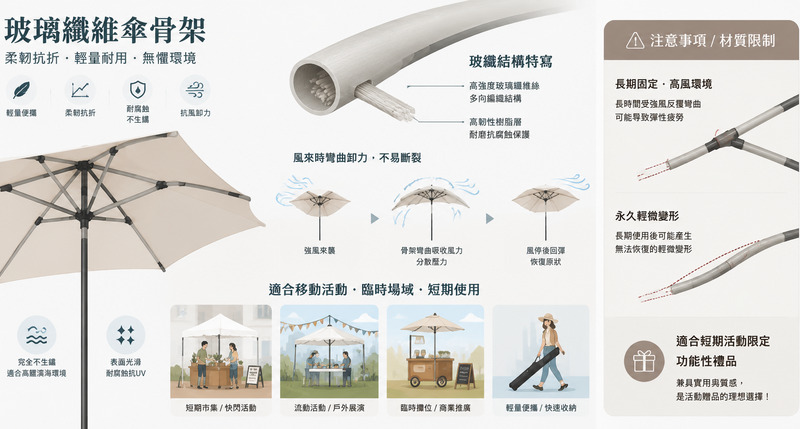 戶外遮陽傘骨架材質解析，鋁合金鋼材玻纖防風比較