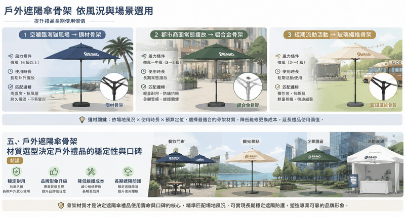 戶外遮陽傘骨架材質解析，鋁合金鋼材玻纖防風比較