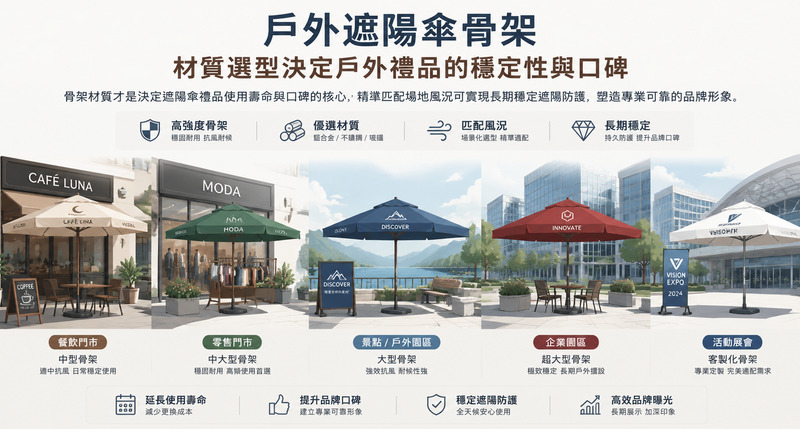 戶外遮陽傘骨架材質解析，鋁合金鋼材玻纖防風比較